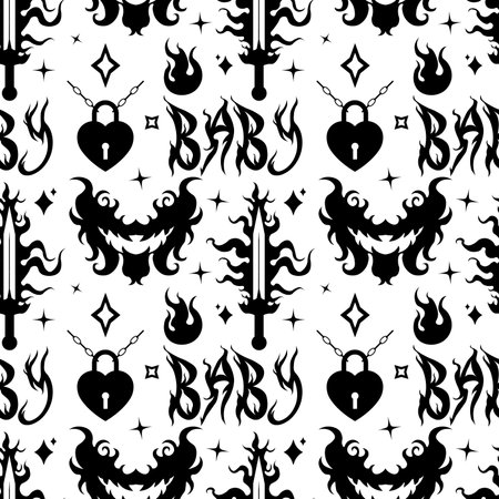 Flame Y2K Seamless fire pattern heart, sword, Psychedelic vector black background Retro Style. Funky summer abstract modern aesthetic print. Wall frame poster, banner or Social Media template. EPSのイラスト素材