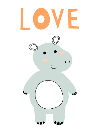 Cute hippo card tile greeting Text Love cartoon for t-shirt, print, product, flyer, patch, fabric, textile, fashion, baby, kid, hand drawn style. vector illustration EPSのイラスト素材