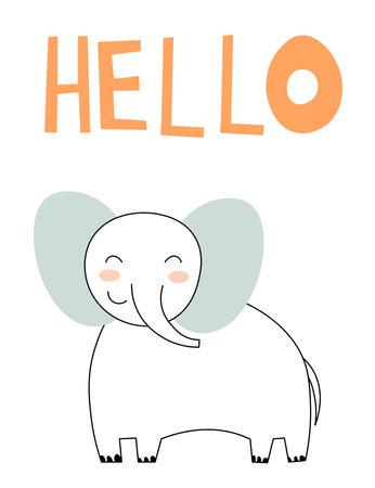 Cute elephant card tile greeting Text Hello cartoon for t-shirt, print, product, flyer, patch, fabric, textile, fashion, baby, kid, hand drawn style. vector illustration EPSのイラスト素材