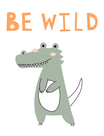Cute crocodile card tile greeting Text Hello. Alligator cartoon for t-shirt, print, product, flyer, patch, fabric, textile, fashion, baby, kid, hand drawn style. vector illustration EPSのイラスト素材