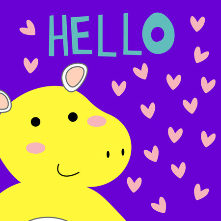 Cute hippo card tile greeting Text Hello cartoon for t-shirt, print, product, flyer, patch, fabric, textile, fashion, baby, kid, hand drawn style. vector illustration EPSのイラスト素材