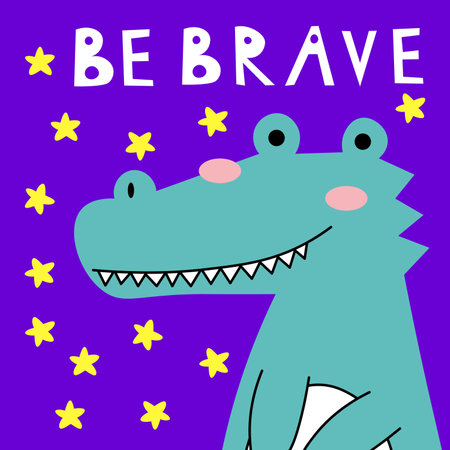 Cute crocodile card tile greeting Text Be Wild. Alligator cartoon for t-shirt, print, product, flyer, patch, fabric, textile, fashion, baby, kid, hand drawn style. vector illustration EPSのイラスト素材