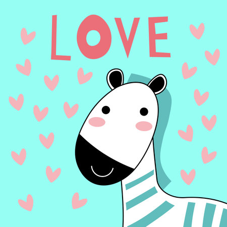 Cute Zebra card tile greeting Text Love you cartoon for t-shirt, print, product, flyer, patch, fabric, textile, fashion, baby, kid, hand drawn style. vector illustration EPSのイラスト素材