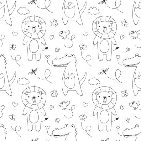 seamless pattern with African animals crocodile and lion in Scandinavian style doodle vector illustration. Cute vector illustration for baby kid textule, fabric, wallpaper design. Hand drawn background. EPSのイラスト素材
