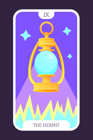 The hermit tarot cartoon flat card template major arcana. Taro vector illustration spiritual signs with esoteric magic and astrology symbols. Isolated colored graphic. Witchcraft concept EPSのイラスト素材