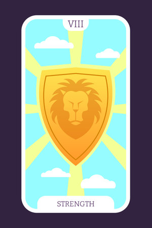 The strength tarot cartoon flat card template major arcana. Taro vector illustration spiritual signs with esoteric magic and astrology symbols. Isolated colored graphic. Witchcraft concept EPSのイラスト素材
