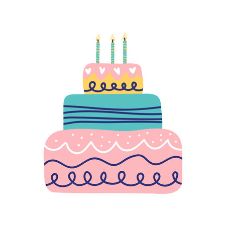 Birthday cake with candles. Hand drawn vector illustration for card, banner, t shirt EPSのイラスト素材
