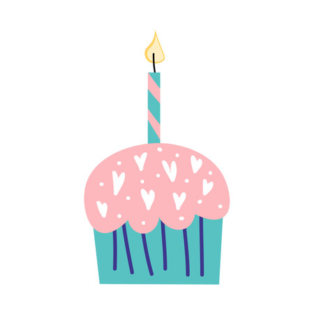 Cupcake with a candle on a birthday, flat. Vector illustration. EPSのイラスト素材