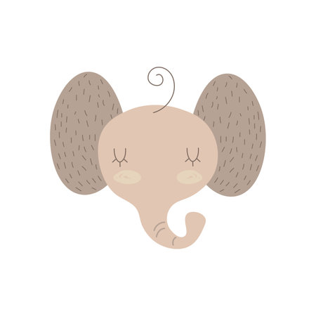 Cute portrait elephant head in flat style. Drawing baby wild elephant face isolated on white background. Vector sweet elephant for kids poster and card. Jungle animal EPSのイラスト素材