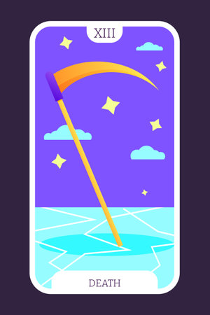 The death tarot cartoon flat card template major arcana. Taro vector illustration spiritual signs with esoteric magic and astrology symbols. Isolated colored graphic. Witchcraft concept EPSのイラスト素材