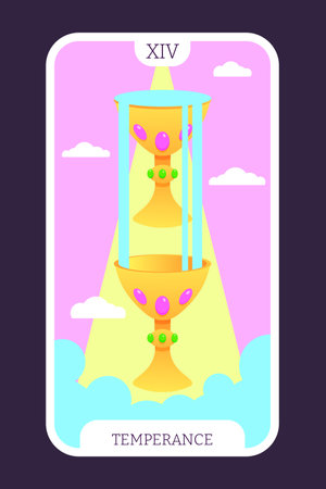 The temperance tarot cartoon flat card template major arcana. Taro vector illustration spiritual signs with esoteric magic and astrology symbols. Isolated colored graphic. Witchcraft concept EPSのイラスト素材