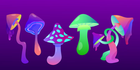 Mushrooms fantasy hallucinogenic cartoon psychedelic fairytale set , magical, alien plants. colorful botanical psilocybin crazy mystical fantastic fungus forest vector symbols illustrations setのイラスト素材