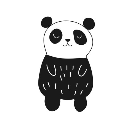 Stylized Giant panda full body drawing. Simple panda bear icon or logo design. Black and white vector illustration. EPSのイラスト素材