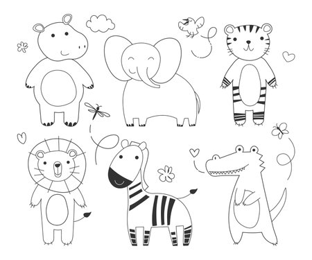 African animals linear drawing set , Vector illustrations of cute elephant, tiger, lion, hippopotamus, zebra and bird. tropical pack. EPSのイラスト素材