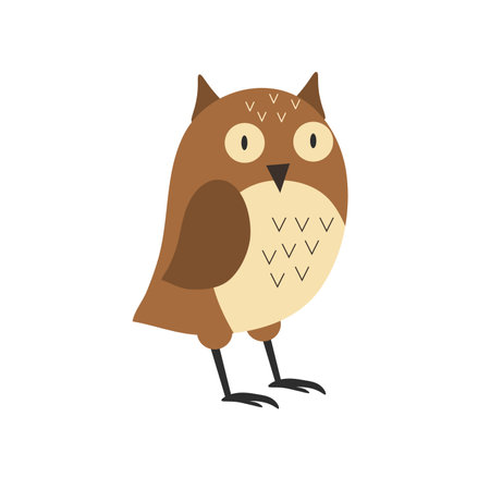 Cute brown owl with big eyes isolated on white background. Cartoon character. Flat vector illustration for children s books illustrating, printing materials. EPSのイラスト素材