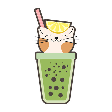 Vector illustration of cute kawaii hand drawn cat in anime style in a glass of cocktail with bubbles, favorite catcktail, drawing for children s menu, cocktail party EPSのイラスト素材