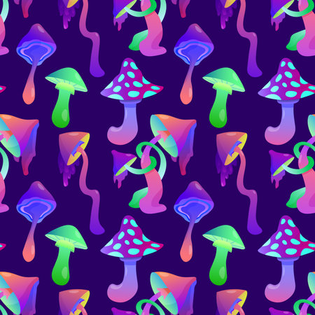 Hallucinogenic mushrooms seamless vector pattern beautiful psilocybin fungus. Fantastic wallpaper wrapping paper from colored fly agaric on a purple background. EPSのイラスト素材