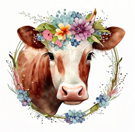 Cow portrait with flowers on head hand drawn watercolor illustrationの写真素材