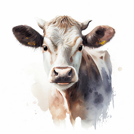 Portrait Cow farm hand drawn watercolor illustration Farm animals Cattleの写真素材