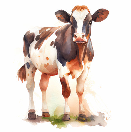 Farm cow brown , standing hand drawn watercolor illustration Farm animals Cattleの写真素材
