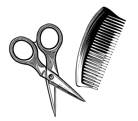 Scissors and combing hair sketch hand drawn in doodl style vector illustrations hairdresserのイラスト素材