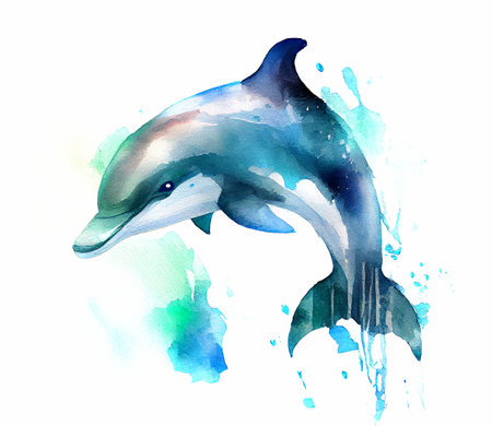 Jumping dolphin watercolor hand drawn illustration sea animalsの写真素材