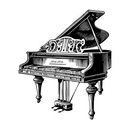 Piano retro sketch hand drawn musical instrument Vector illustrationのイラスト素材