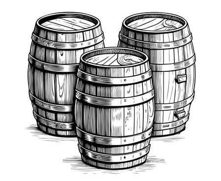Wooden barrels three hand drawn sketch Vector illustration, Winemakingのイラスト素材