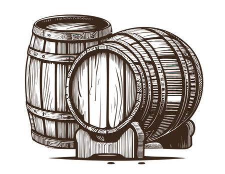 Wooden barrels two hand drawn sketch Vector illustration, Winemakingのイラスト素材