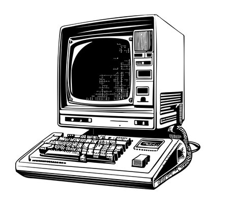 Computer retro hand drawn sketch Vector illustration Computer technologyのイラスト素材