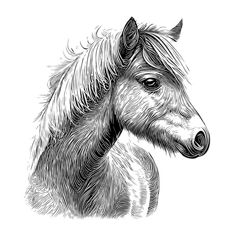 Horse pony portrait hand drawn sketch Vector illustration, Wild animalsのイラスト素材