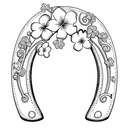 Horseshoe with flowers hand drawn sketch Vector illustration, Symbol of good luckのイラスト素材