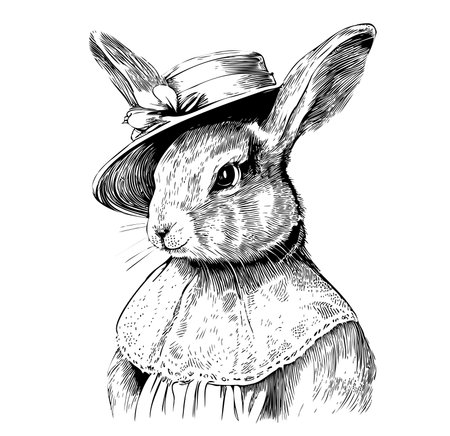 Portrait of a rabbit girl in a dress anf hat sketch hand drawn in doodle style Vector illustrationのイラスト素材