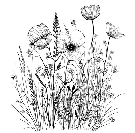 Wild wildflowers hand drawn sketch in doodle style Vector illustrationのイラスト素材