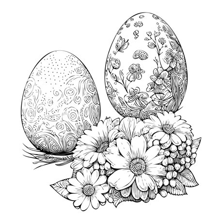 Eggs in flowers sketch hand drawn in doodle style Vector illustration Easterのイラスト素材