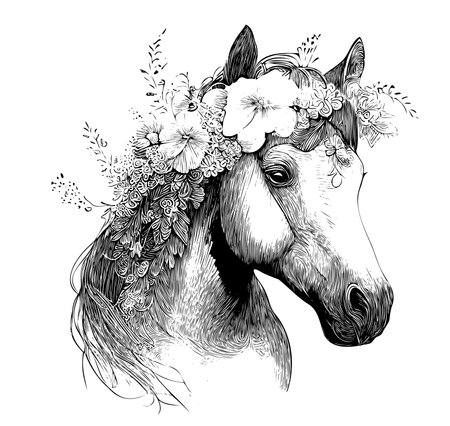 Horse head with flowers on head hand drawn sketch Vector illustrationのイラスト素材