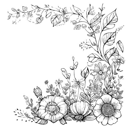 Frame of flowers in boho style sketch hand drawn Vector illustrationのイラスト素材