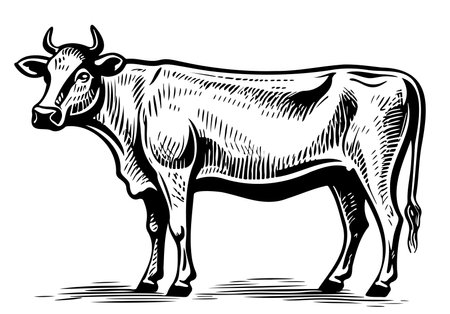 Cow standing hand drawn sketch vector illustration cattleのイラスト素材