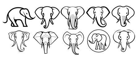 Elephant set logo sketch hand drawn in doodle style Vector illustrationのイラスト素材