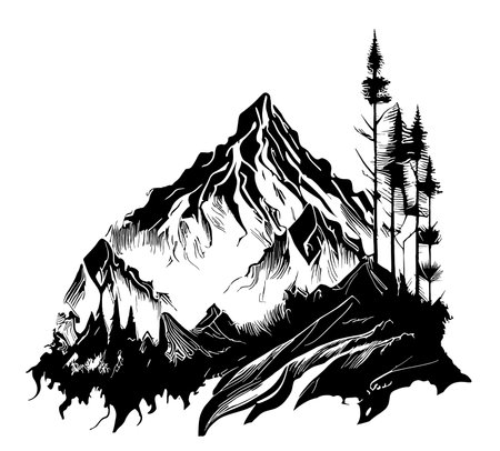 Mountains , forest hand drawn sketch illustration Beautiful natureのイラスト素材