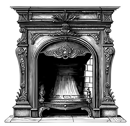 Retro fireplace hand drawn sketch Vector illustrationのイラスト素材