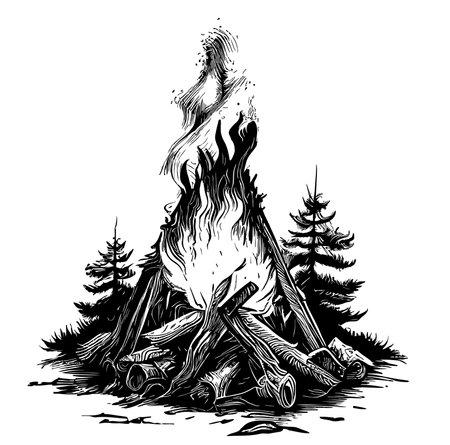 Bonfire in the forest hand drawn sketch Vector illustration Campingのイラスト素材
