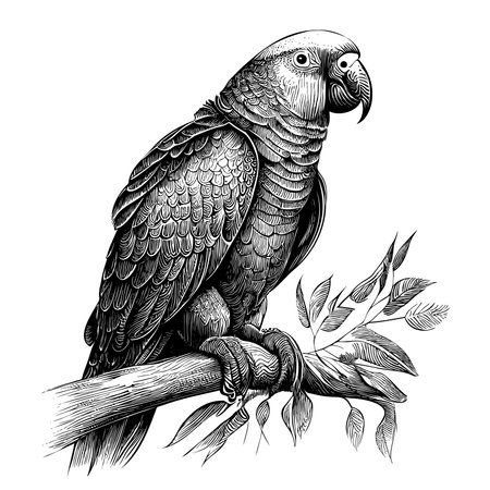 Parrot sitting on branch hand drawn sketch Vector illustrationのイラスト素材