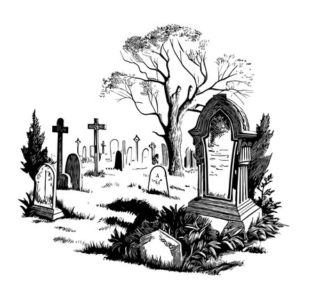 Old retro cemetery hand drawn sketch Vector illustrationのイラスト素材