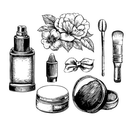 Cosmetics set retro sketch hand drawn Vector illustrationのイラスト素材