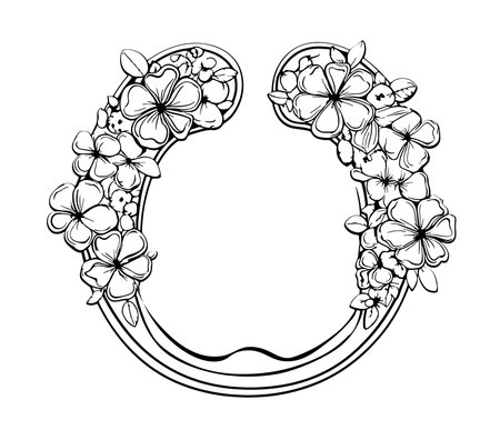 Horseshoe with clover flowers sketch hand drawn in doodle style Vector illustrationのイラスト素材