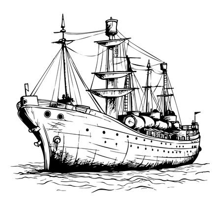Retro ship sketch hand drawn engraving style Vector illustrationのイラスト素材