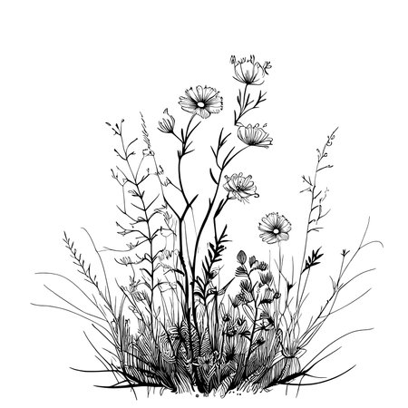 Field of wildflowers sketch , hand drawn in doodle style Vector illustrationのイラスト素材
