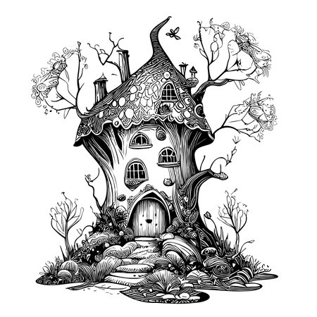 Magic house sketch hand drawn in doodle style Fairy tale Vector illustrationのイラスト素材