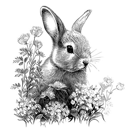 Rabbits sitting in flowers sketch hand drawn in doodle style Vector illustrationのイラスト素材